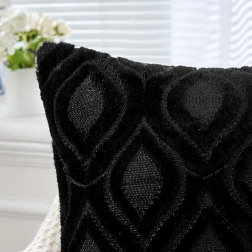 MIULEE Black Throw Pillow Covers 18x18 Inch, Soft Winter Plush Faux Wool Couch Pillow Covers Set of 2 Decorative Farmhouse Boho Throw Pillows for Sofa Living Room Bed - color: Black, size: 18" x 18" (Pack of 2)