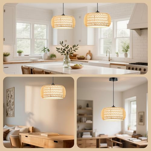 Pendant Lights, Plug in Pendant Light, Hanging Lamp, Boho Lamp, Woven Rattan Pendant Lamp Shade for Kitchen Island, Modern Farmhouse Chandelier Light Fixtures (Bohemian 1)