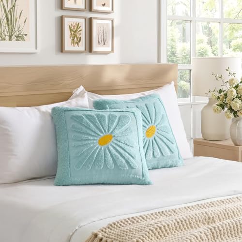 EMEMA Set of 2 Spring Summer Sunflower Floral Pillow Covers, Plush Faux Fur Decorative 18x18 Cushion Cases Adding a Soft, Bright Seasonal Accent to Sofa Couch Bed Modern Farmhouse Living Room, Blue - color: Light Blue, size: 18" x 18" (Pack of 2)