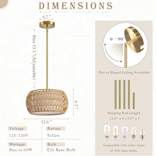 12.6 inch Natural Rattan Light Fixture Rattan Farmhouse Light Fixture Hand-Woven Pendant Lights Fabric Shade Boho Chandelier for Kitchen Dinning Room (Bulb Incl.) - color: 12.6"-Natural-Drum