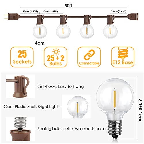 Mlambert 50Ft Outdoor String Lights, G40 Globe Patio Lights with 25+2 Waterproof LED Hanging Plastic Bulbs for Gazebo Pergola Cafe Bedroom-Brown Wire - color: Brown