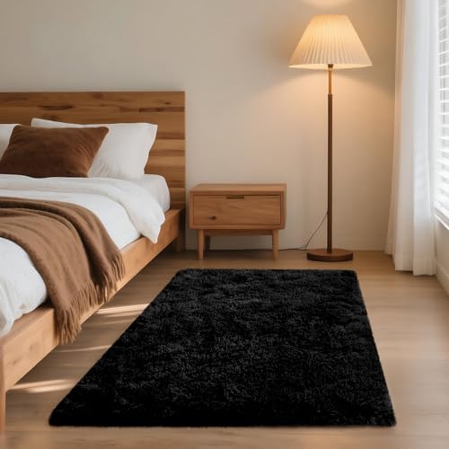 Black Rugs for Bedroom, 3x5 Fluffy Small Area Rugs for Living Room, Soft Shag Fuzzy Non-Slip Carpet Kids Boys and Girls Nursery Room Dorm Indoor Home Decor (Black, 3ft x 5ft) - color: Black, size: 3' x 5' (Rectangular)