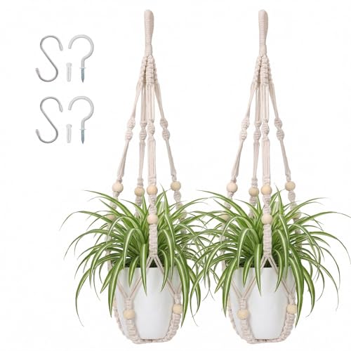 Macrame Plant Hanger 23", Set of 2 No Tassel Hanging Plant Holder Indoor, Sturdy Flower Pot Holder with 4 Hooks - Ivory (Pot NOT Included) - color: Ivory, size: 23"-2pcs