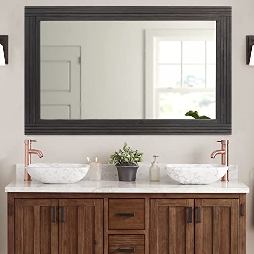 YOSHOOT Hand-Made Wooden Spliced Wall Mirror for Bathroom, Rustic Farmhouse Vanity Mirror, Décor Wall Art, Solid Wood Frame, Vertical or Horizontal Hanging - color: Spliced Black, size: 40"L x 30"W