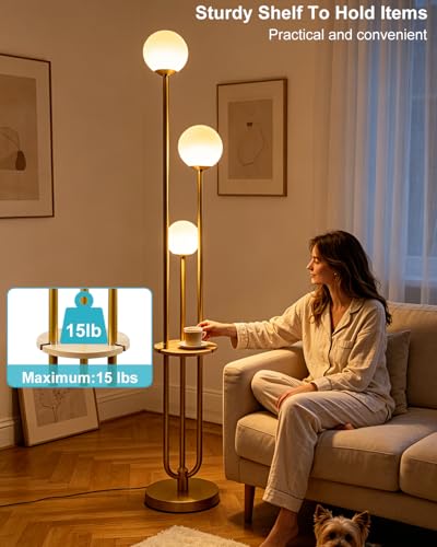 63IN Dimmable Floor Lamp with Shelf, Unique Globe Gold Tall Standing Lamps, 3000K Warmwhite Mid Century Modern Floor Lamp with 5Lbs Heavy Base for Living Room Home Office(Bulbs Included) - color: 3 Globe-Gold Shelf
