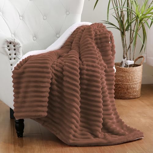 Chocolate Sherpa Fleece Throw Blanket 60”×80” for Couch Sofa Bed,Super Soft Cozy Plush Double Side Thick Flannel Blanket with Striped Design Lightweight for Adults,Woman,Girls - color: Chocolate, size: 60×80inch