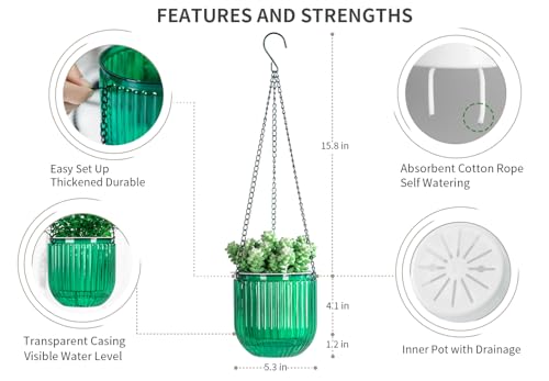 Josteve 5.2 Inch 2 Pcs Self Watering Hanging Planter Indoor Plant Pots Drainage Holes, Outdoor Small Hanging Planters Flower Pot Basket, Visible Water Level, Plant Hanger Home Decor, Gardening - color: Emerald, size: 2*5.2 inch