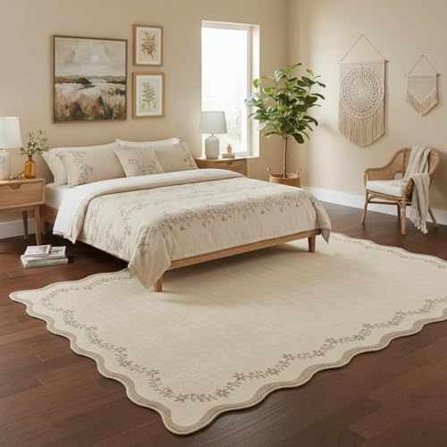 GarveeHome 6x9 Scalloped Area Rug Brown Washable Rugs for Living Room Bedroom, Soft Low Pile Non Slip Accent Floor Mat Solid Floral Print Throw Rug Farmhouse Indoor Carpet for Dorm Playroom - color: Jute, size: 6' x 9' (Rectangular)