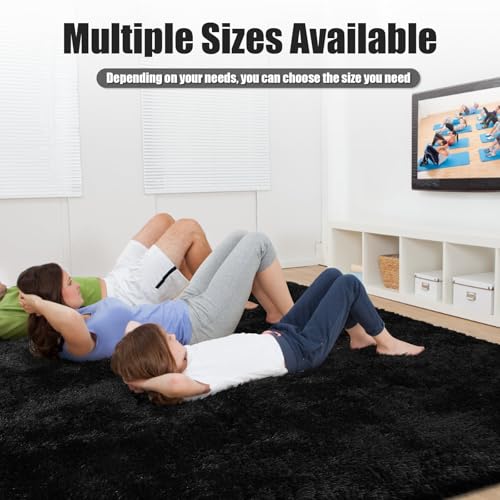Shag Area Rug for Bedroom 5x8,Black Fluffy Area Rugs for Living Room,Soft Fuzzy Rug Non-Shedding Indoor Plush Carpet for Bedroom Dorm Home Decor - color: Black, size: 5' x 8' (Rectangular)