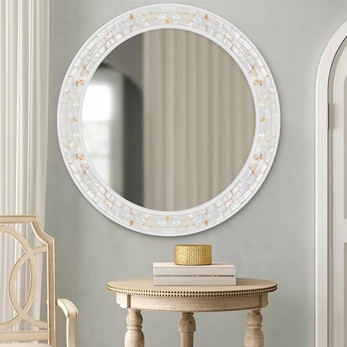 Tanmicoshomy 36 Inch Large Round Mirror, Natural Shell Inlay Framed Large Circle Mirrors with Shatterproof Glass for Bathroom Bedroom Living Room or Entryway (White) - color: White, size: 36"L x 36"W