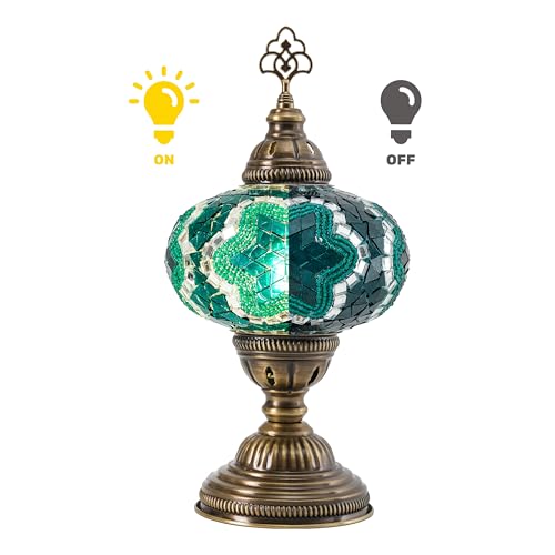 Turkish Mosaic Table Lamp with Bulb – Handmade Turquoise-Teal Stained Glass Light, Vintage Bohemian Bedroom & Living Room Decor, E12 Socket & US Plug - color: Turquoise Teal