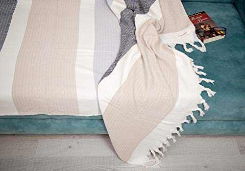 Bersuse 100% Cotton Aspendos XL Throw Blanket for Couch - 100% Cotton Lightweight Durable Throw Blanket, Big Blanket for Sensitive Skin, Decorative and Versatile - 60x90 Inches, Black-Grey-Beige - color: Black/Grey/Beige