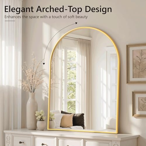 Arched Bathroom Mirror for Wall, 38" x 26" Gold Metal Frame Vanity Mirror, HD Glass Over Sink for Bathroom, Entryway, Bedroom - color: Gold, size: 38"L x 26"W