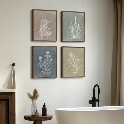 Framed Boho Botanical Wall Art for Bedroom, 4 Piece Vintage Neutral Floral Canvas Painting Prints, Minimalist Rustic Flower Pictures for Farmhouse Living Room Kitchen Dining Room Wall Decor, 11x14 In - color: Simple - Walnut Framed, size: 11" W x 14" H x