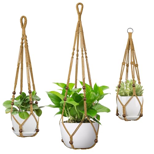 USLAI Macrame Plant Hanger Indoor Outdoor, Fits 4 to 15 Inch Pots, Strong Hanging Planter Holder, Boho Home Decor, 23+29+35 Inch, Brown (POTS NOT Included) - color: Brown, size: 23+29+35 Inch