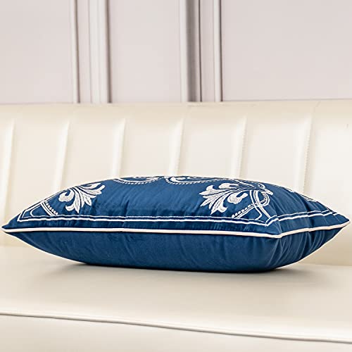 Aeckself European Floral Pillow Cover 12x20 Inch, Luxury Velvet Embroidered Decorative Lumbar Throw Pillow Cover for Couch Bedroom Living Room, Navy Blue and White - color: Navy Blue, size: 20" x 12" (Pack of 1)