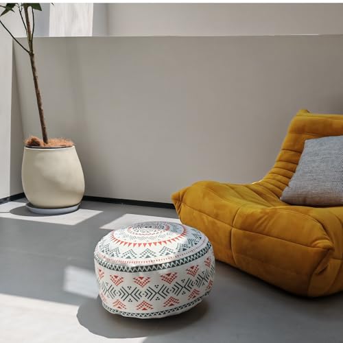MOCOFO Unstuffed Round Pouf Cover - Boho Geometric Ottoman Footstool Cover with Handle, Tribal Fabric Floor Cushion Storage Bag for Living Room, Bedroom, Nursery (Sage Green/Terracotta) - color: Sage Green/Terracotta