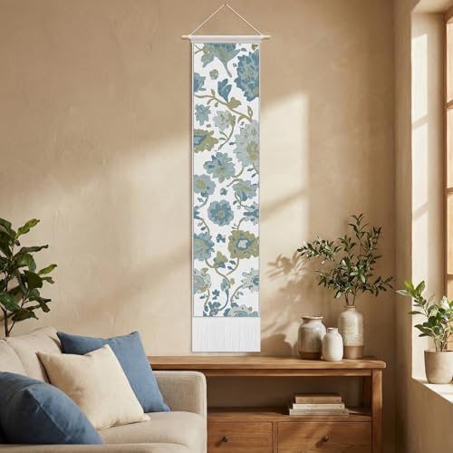 Gilprop Vintage Vertical Tapestry, Wall Hanging Decor, 52 x 13 Inch Rectangle Oushak Boho Blue Turkish Long Reference Illustrative Botanical Tassel Tapestry for Living Room Bedroom Office Home