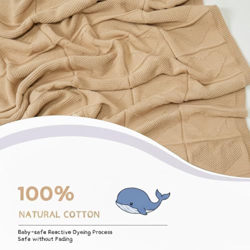 Baby Knit Cotton Blanket Beige Heart Design Cozy Stroller Crib Throw Soft Nursery Gift Baby Shower Birthday Christmas Size 36x28 - color: Beige, size: 36"x28"