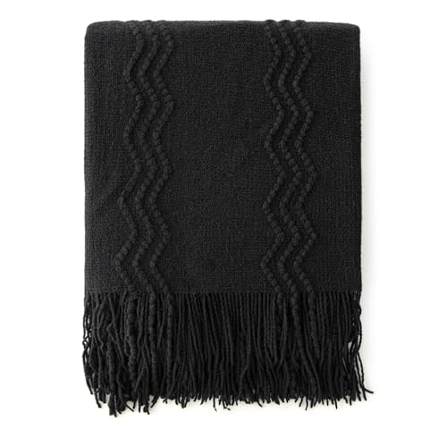 MIULEE Black Knitted Throw Blanket for Couch Textured Knit Blanket with Tassels Cozy Woven Boho Bed Blanket for Sofa Bed Chair Acrylic Wave Pattern 50"x60" - color: Black, size: 50" x 60"