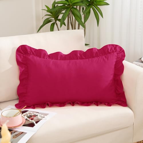 Hot Pink Ruffle Lumbar Pillow Cover 12x20 Inch, Ruffled Cushion Case Covers for Couch Sofa Bed Living Room, Decorative Farmhouse Throw Pillow Cover, Pack of 1 - color: Hot Pink, size: 20" x 12" (Pack of 1)