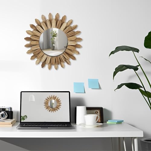 Mirror Wall Decor 12 inch Boho Mirror Home Decor Rustic Round Wood Mirror Wall Mirror Decorative Sunburst Mirror Boho Mirror Home Wall Decor Farmhouse Wall Decor for Bedroom Living Room Entryway