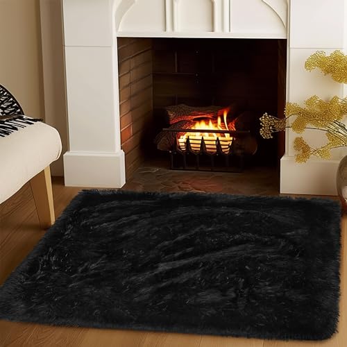 Awaytail Fluffy Rug Washable 2x3 Feet, Pure Black Desk Chair Rug Non-Slip, Super Soft Kids Rug for Boys Nursery Dorm Decor - color: Black, size: 2' x 3' (Rectangular)