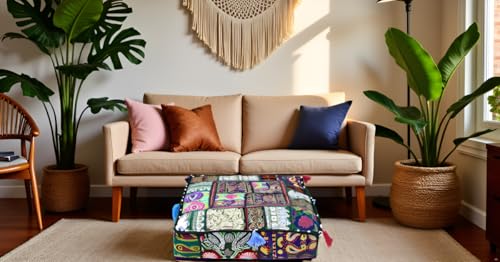 CRAFT KALA Indian Square Patchwork Traditional Pouf Cover Indian Living Room Poufs Decorative Embroidered Designer Ottoman Home Footstool Chair Cover Decor Pillow Cover 18x18x5 inches, Dark Green - color: Dark Green, size: 18"D x 18"W x 5"H