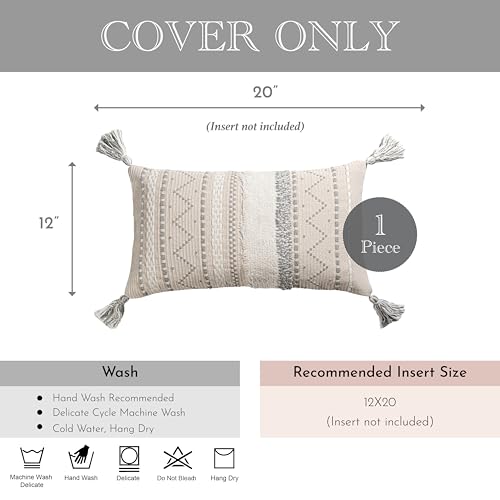 BlissBlush 12x20 Lumbar Pillow Cover, Cream Neutral Rectangular Decorative Cushion Cover with Gray Pattern, Boho Accent Pillowcase with Tassels for Couch Sofa Living Room (Cover Only) - color: Gray, size: 20" x 12" (Pack of 1)