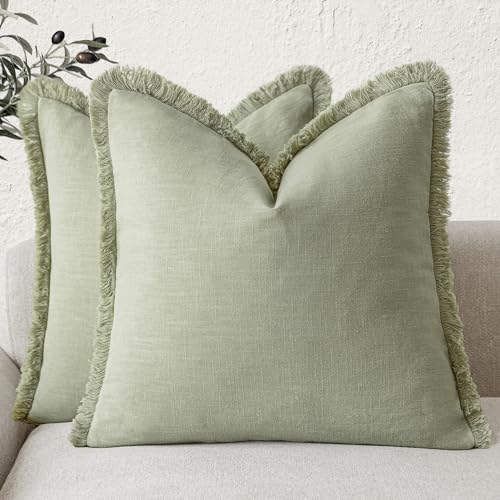 Foindtower Set of 2 Decorative Linen Fringe Throw Pillow Covers Boho Farmhouse Cushion Cover with Tassels Soft Accent Pillowcase for Couch Sofa Bed Living Room Home Decor,16×16 Inch,Light Sage Green - color: Seeding Green, size: 16" x 16" (Pack of 2)