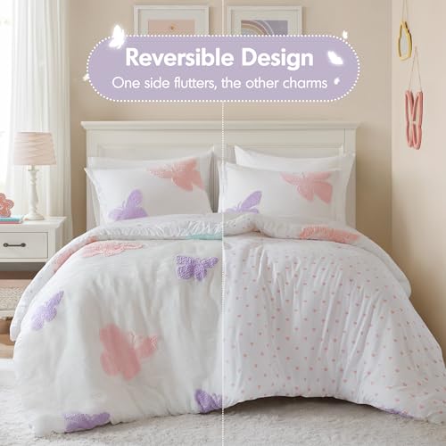 Intelligent Design Kids Rio Twin Duvet Set – Girls’ Reversible Tufted Chenille Bedding with Pastel Purple Butterflies and Pink Dot, 2pcs - color: Multicolor, size: Twin