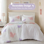 Intelligent Design Kids Rio Twin Duvet Set – Girls’ Reversible Tufted Chenille Bedding with Pastel Purple Butterflies and Pink Dot, 2pcs - color: Multicolor, size: Twin