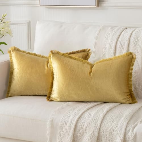FUTEI Gold Velvet Decorative Throw Pillow Covers 12x20 Set of 2,Soft Cozy Edge with Tassels Lumbar Pillow Cases,Boho Modern Home Decor for Couch Bed Living Room - color: Gold, size: 20" x 12" (Pack of 2)