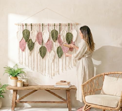 WOODSTICK Large Macrame Wall Hanging 39"W x 29.5"L - Boho Wall Decor in Beige, Old Pink & Green - Chic Woven Leaf Leaves Boho Tapestry, Handmade Cotton Fiber Art, Macrame Wall Décor, Bedroom Tapestry - size: 39"L x 29.5"W