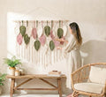 WOODSTICK Large Macrame Wall Hanging 39"W x 29.5"L - Boho Wall Decor in Beige, Old Pink & Green - Chic Woven Leaf Leaves Boho Tapestry, Handmade Cotton Fiber Art, Macrame Wall Décor, Bedroom Tapestry - size: 39"L x 29.5"W