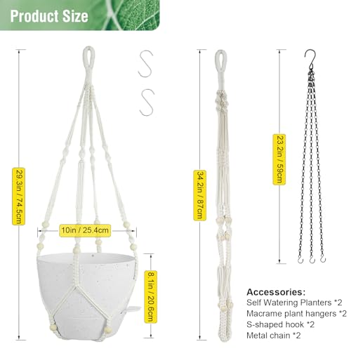 Meowell 10 inch Self Watering Hanging Planters, 2 Pack Hanging Baskets for Indoor Outdoor Plants, Hanging Flower Pots with Drainage Holes and 2 Kinds of Plant Hangers for Garden Decor, Speckled White - color: White With Black Speckles