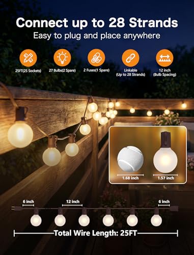 25FT Brown Outdoor String Lights, Shatterproof LED Globe String Lights with 25 G40 LED Frosted White Bulbs, Waterproof Connectable Hanging Light for Backyard Patio Porch Balcony Party Decor, E12 Base - color: Frosted White-Brown, size: 25FT