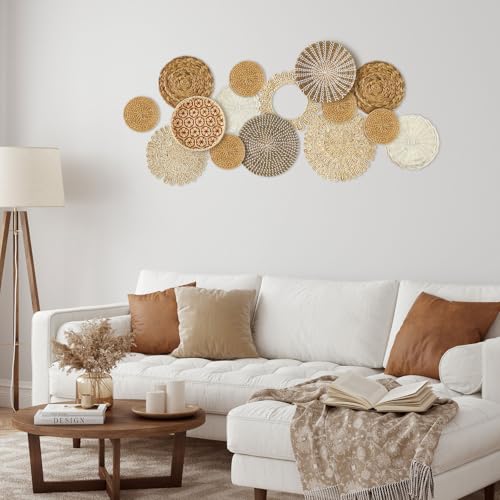 Xuhal 15 Pcs Boho Wall Basket Decor Handcrafted Seagrass Woven Wall Basket Rustic Round Woven Hanging Art for Home Farmhouse Kitchen Table Living Room(Fresh Style) - style: Fresh Style