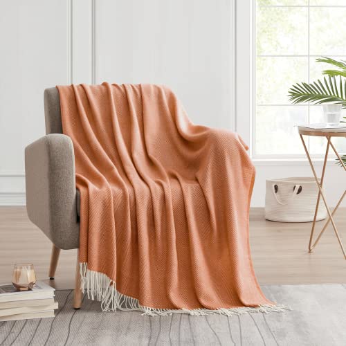 BOURINA Decorative Herringbone Faux Cashmere Fringe Throw Blanket Lightweight Soft Cozy for Bed or Sofa Farmhouse Outdoor Throw Blankets, 50" x 60" Orange - color: Orange, size: 50"x60"
