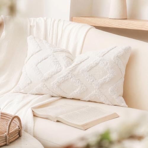 NUYECY Diamond Pattern Long Pillow Covers 12 x 24,Plush Chenille Decorative Long Lumbar Pillow Case Pillow Covers Cushion Case for Sofa Couch Bed Livingroom Farmhouse,Modern Boho,Cream White - color: White, size: 24" x 12" (Pack of 1)