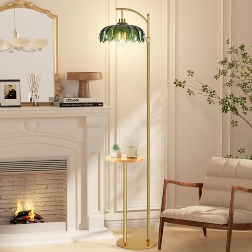 QIYIZM Glass Floor Lamp with Table and Shelves for Living Room Bedroom,Gold Standing Lamp with Remote Dimmable,Boho Brass Tall Lamp Vintage Farmhouse Arc Green Flower Floor Light Bohemian - size: 23-Floor Lamp