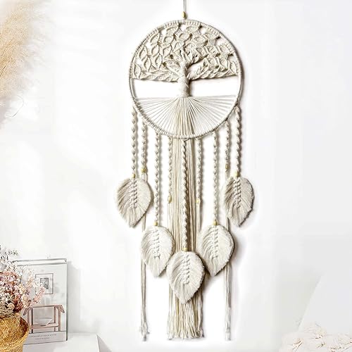 Large Tree of Life Dream Catchers, Macrame Wall Hanging Boho Handmade Woven Dream Catcher Macrame Wall Decor Art for Adults Boys Girls Bedroom Wedding Party Decor, Festival Blessing Gift（Light Beige）