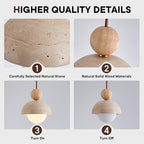 Wabi Sabi Pendant Light Set of 2, Natural Travertine Stone & Wood Hanging Lamp for Kitchen Island, Hallway, Living Room, Bedroom, Dining Room Ceiling Decor (G9 Bulb, 5.9 in Stone Round)