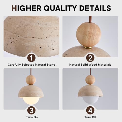 Wabi Sabi Pendant Light Set of 2, Natural Travertine Stone & Wood Hanging Lamp for Kitchen Island, Hallway, Living Room, Bedroom, Dining Room Ceiling Decor (G9 Bulb, 5.9 in Stone Round)