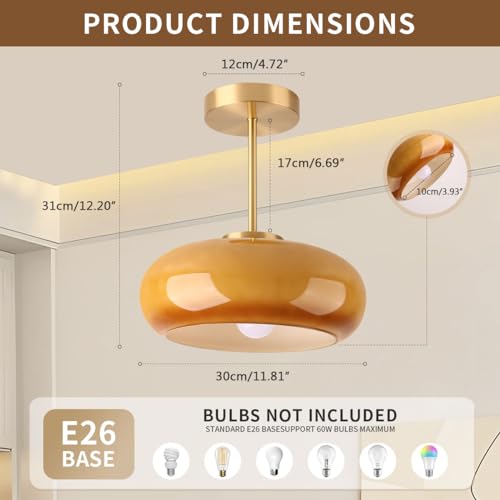 Brass Modern Hallway Ceiling Light - Orange Glass Ceiling Lamp with Dome Shade, Gold Mid Century Semi Flush Mount, Bedroom Entrance Light Fixture - color: Orange
