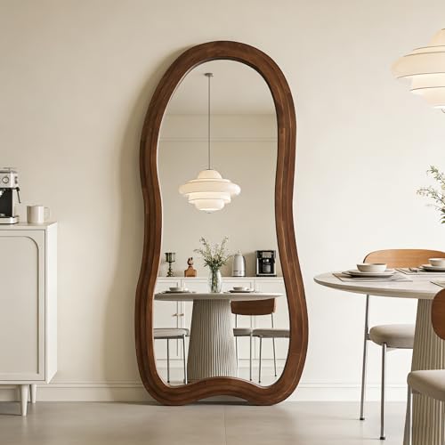 Large Irregular Floor Mirror, 67"x31.5" Asymmetrical Full Length Mirror with Triple Layer Solid Wood Frame, Organic Shape Mirrors for Entryway Hallway Bedroom Living Room, Leaning/Hanging - color: Walnut, size: 67"L x 31.5"W