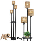 Boho Floor Lamp with Shelves, 3-Lights Farmhouse Tall Floor Lamp with ON/Off Foot Switch, Rustic Standing Lamp with Rattan Shades for Living Room Bedroom Office - style: Black-Rattan Shade