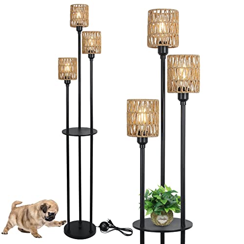 Boho Floor Lamp with Shelves, 3-Lights Farmhouse Tall Floor Lamp with ON/Off Foot Switch, Rustic Standing Lamp with Rattan Shades for Living Room Bedroom Office - style: Black-Rattan Shade