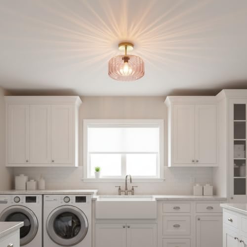 Modern Semi-Flush Mount Light Fixture Blush Pink Ceiling Lamp with Brushed Gold Base, Bedroom Light Fixture for Girls Bedroom, Nursery, Master Suite Hallway - color: Pink, 1-Light
