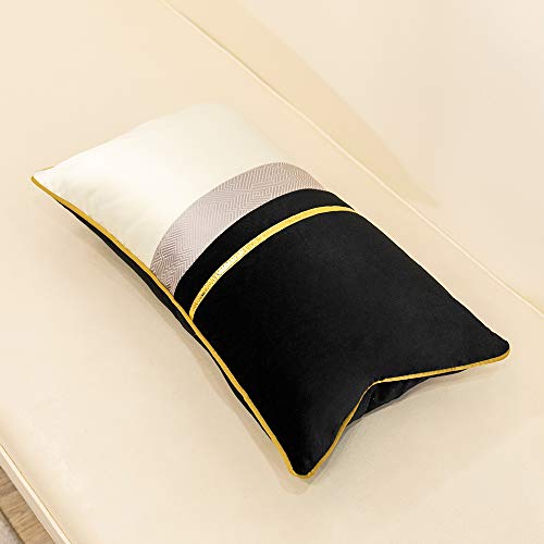Avigers 12 x 20 Inches Black White Gold Leather Striped Patchwork Velvet Cushion Case Luxury Modern Throw Pillow Cover Decorative Pillow for Couch Living Room Bedroom Car - color: Black, size: 20" x 12" (Pack of 1)